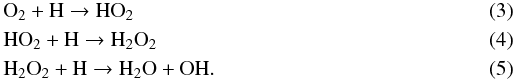 Mathematical equation: \begin{eqnarray} && \textrm{O}_2 + \textrm{H} \rightarrow \textrm{HO}_2 \\ &&\textrm{HO}_2 + \textrm{H} \rightarrow \textrm{H}_2\textrm{O}_2 \\ \label{H2O2_H} &&\textrm{H}_2\textrm{O}_2 + \textrm{H} \rightarrow \textrm{H}_2\textrm{O} + \textrm{OH}. \end{eqnarray}