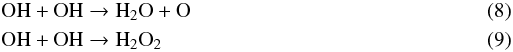 Mathematical equation: \begin{eqnarray} &&\textrm{OH} + \textrm{OH} \rightarrow \textrm{H}_2\textrm{O} + \textrm{O} \\ && \textrm{OH} + \textrm{OH} \rightarrow \textrm{H}_2\textrm{O}_2 \end{eqnarray}