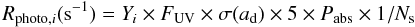Mathematical equation: \begin{equation} R_{{\rm photo},i} ({\rm s}^{-1}) = Y_i \times F_{\rm UV} \times \sigma(a_{\rm d}) \times 5 \times P_{\rm abs} \times 1 / N_{\rm s} \label{eq_photo} \end{equation}