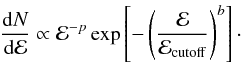 Mathematical equation: \begin{equation} \frac{{\rm d}N}{{\rm d}\mathcal{E}} \propto \mathcal{E}^{-p} \exp\left[ - \left( \frac{\mathcal{E}}{\mathcal{E}_{\rm cutoff}} \right)^b\right] \cdot \end{equation}