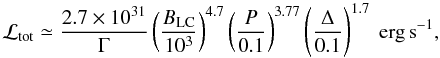 Mathematical equation: \begin{equation} \mathcal{L}_{\rm tot} \simeq \frac{2.7\times 10^{31}}{\Gamma} \left( \frac{\blc}{10^3}\right)^{4.7} \left( \frac{P}{0.1} \right)^{3.77} \left( \frac{\Delta}{0.1} \right)^{1.7}\ {\rm erg\, s}^{-1} , \label{gammaluminosity} \end{equation}