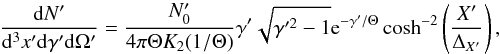 Mathematical equation: $$ \frac{{\rm d}N'}{{\rm d}^3x'{\rm d}\gamma'{\rm d}\Omega'}= \frac{N'_0}{4 \pi \Theta K_2(1/\Theta)} \gamma' \sqrt{\gamma'^2-1} {\rm e}^{-\gamma'/\Theta} \cosh^{-2} \left(\frac{X'}{\Delta_{X'} } \right) , $$