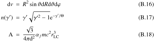 Mathematical equation: \appendix \setcounter{section}{2} \begin{eqnarray} {\rm d}v & = &R^2 \sin\vartheta {\rm d}R {\rm d}\vartheta {\rm d}\varphi \\[1mm] n(\gamma') &=&\gamma'\sqrt{\gamma'^2-1}{\rm e}^{-\gamma'/\Theta} \\[1mm] {\rm A} &=& \frac{\sqrt{3}}{4\pi {\rm d}^2} \alpha_f mc^2 \rlc^3 \end{eqnarray}
