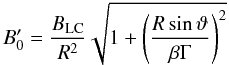 Mathematical equation: \begin{equation} B'_0 = \frac{\blc}{R^2} \sqrt{1+\left(\frac{R\sin\vartheta}{\beta\Gamma} \right)^2} \end{equation}