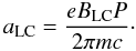 Mathematical equation: \begin{equation} \alc = \frac{e \blc P}{2 \pi m c} \cdot \end{equation}