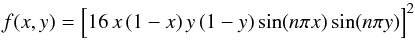 Mathematical equation: \begin{equation} f(x,y) = \Bigl[ 16\,x\,(1-x)\,y\,(1-y)\sin(n\pi x)\sin(n\pi y) \Bigr]^2 \label{Charbonneau} \end{equation}