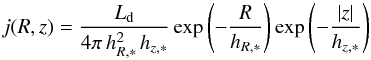 Mathematical equation: \begin{equation} j(R,z) = \frac{L_{\text{d}}}{4\pi\,h_{R,*}^2\,h_{z,*}} \exp\left(-\frac{R}{h_{R,*}}\right) \exp\left(-\frac{|z|}{h_{z,*}}\right) \end{equation}