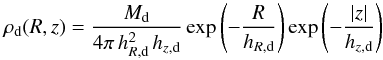 Mathematical equation: \begin{equation} \rho_{\text{d}}(R,z) = \frac{M_{\text{d}}}{4\pi\,h_{R,{\text{d}}}^2\,h_{z,{\text{d}}}} \exp\left(-\frac{R}{h_{R,{\text{d}}}}\right) \exp\left(-\frac{|z|}{h_{z,{\text{d}}}}\right) \end{equation}