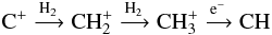 Mathematical equation: \begin{eqnarray*} \rm C^{+} \xrightarrow{\rm H_2} CH_2^+ \xrightarrow{\rm H_2} CH_3^+ \xrightarrow{e^-} CH \end{eqnarray*}