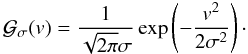 Mathematical equation: \begin{equation} {\cal G}_{\sigma}(v) = \frac{1}{\sqrt{2\pi}\sigma} \exp\left({-\frac{v^2}{2\sigma^2}}\right) \cdot \end{equation}