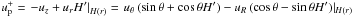 Mathematical equation: \hbox{$u_\mathrm{p}^+ = \left. -u_z + u_r H' \right|_{H\left( r \right)} = \left. u_\theta\left( \sin\theta+\cos\theta H' \right) - u_R \left( \cos\theta - \sin \theta H' \right) \right|_{H\left( r \right)}$}