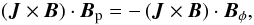 Mathematical equation: $$ \left( \vec{J} \times \vec{B} \right)\cdot \vec{B}_\mathrm{p} = - \left( \vec{J} \times \vec{B} \right)\cdot \vec{B}_\phi, $$