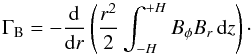 Mathematical equation: \begin{equation} \Gamma_\mathrm{B} = -\frac{\mathrm{d}}{\mathrm{d} r} \left( \frac{r^2}{2} \int_{-H}^{+H} B_\phi B_r \, \mathrm{d}z \right)\cdot \end{equation}