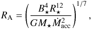 Mathematical equation: \begin{equation} R_\mathrm{A} = \left( \frac{B_\star^4 R_\star^{12}}{GM_\star \dot{M}_\mathrm{acc}^2} \right)^{1/7}, \end{equation}