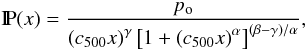Mathematical equation: \begin{equation} \bbbp(x)=\frac{p_{\rm o}}{\left(c_{500}x\right)^{\gamma}\left[1+\left(c_{500}x\right)^{\alpha}\right]^{\left(\beta-\gamma\right)/\alpha}}, \label{Pr_Arnaud} \end{equation}