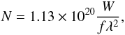 Mathematical equation: \begin{equation} N = 1.13\times10^{20}\frac{W}{f\lambda^2}, \end{equation}