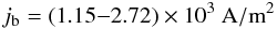 Mathematical equation: \begin{equation} j_{\rm b}=\left(1.15 {-} 2.72\right)\times 10^3~{\rm A/m}^2 \end{equation}
