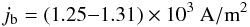 Mathematical equation: \begin{equation} j_{\rm b}=\left(1.25 {-} 1.31\right)\times 10^3~{\rm A/m}^2 \end{equation}