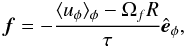 Mathematical equation: \begin{equation} \forc = -\frac{\langle u_\phi \rangle_\phi - \Omegaf R}{\tau} \ephi, \label{eq:forcingA} \end{equation}