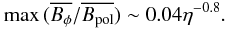 Mathematical equation: \begin{equation} \max{(\avg{B_\phi}/\avg{\Bpol})} \sim 0.04 \diff^{-0.8}. \end{equation}