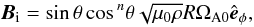 Mathematical equation: \begin{equation} \Bi = \sin\theta \cos{}^n \theta \sqrt{\perm \rho} R \Omegaaz \ephi, \label{eq:bibelt} \end{equation}