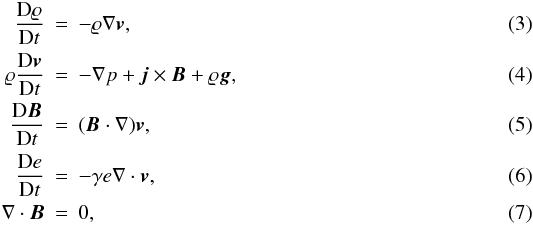 Mathematical equation: \begin{eqnarray} \label{eq1} \frac{\mathrm{D}\varrho}{\mathrm{D}t} &=& -\varrho \nabla \bm{v},\\ \label{eq2} \varrho \frac{\mathrm{D}\bm{v}}{\mathrm{D}t} &=& -\nabla p+\bm{j}\times\bm{B} + \varrho \bm{g},\\ \label{eq3} \frac{\mathrm{D}\bm{B}}{\mathrm{D}t} &=& (\bm{B} \cdot \nabla)\bm{v},\\ \label{eq4} \frac{\mathrm{D}e}{\mathrm{D}t} &=& -\gamma e \nabla \cdot \bm{v},\\ \label{eq5} \nabla\cdot\bm{B}&=&0, \end{eqnarray}