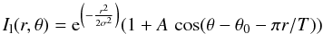 Mathematical equation: \begin{equation} I_{\rm l}(r,\theta)={\rm e}^{\left(-\frac{r^2}{2\sigma^2}\right)}(1+A\,\cos(\theta-\theta_0-\pi r/T)) \end{equation}