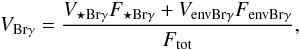 Mathematical equation: \begin{equation} V_{\rm Br\gamma} = \frac{V_{\rm\star Br\gamma}F_{\rm\star Br\gamma}+V_{\rm env Br\gamma}F_{\rm env Br\gamma}}{F_{\rm tot}} , \label{eq2} \end{equation}