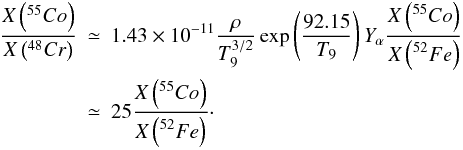 Mathematical equation: \begin{eqnarray} \label{eqanamnti} \frac{X\left(^{55}{Co}\right)}{X\left(^{48}{Cr}\right)} & \simeq & 1.43\times10^{-11} \frac{\displaystyle \rho}{\displaystyle T_9^{3/2}} \exp\left(\frac{\displaystyle 92.15}{\displaystyle T_9}\right) Y_{\alpha} \frac{\displaystyle X\left(^{55}{Co}\right)}{\displaystyle X\left(^{52}{Fe}\right)} \nonumber \\ & \simeq& 25 \frac{\displaystyle X\left(^{55}{Co}\right)}{\displaystyle X\left(^{52}{Fe}\right)} \cdot \end{eqnarray}