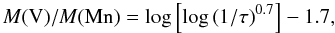 Mathematical equation: \begin{equation} \label{eq26} M({\rm V})/M({\rm Mn})=\log\left[\log\left(1/\tau\right)^{0.7}\right]-1.7, \end{equation}