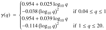 Mathematical equation: \begin{eqnarray} \gamma(q)& = & \begin{cases} 0.954+0.025\log_{10} q \\ -0.038\left(\log_{10} q\right)^{2} & \mathrm{if}\,\,0.04\le q\le1 \\ 0.954+0.039\log_{10} q \\ -0.114\left(\log_{10} q\right)^{2} & \mathrm{if}\,\,1\le q\le20. \end{cases} \end{eqnarray}
