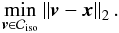 Mathematical equation: \begin{eqnarray*} \min_{\boldsymbol{v} \in \cC_{\mathrm{iso}}} \norm{\boldsymbol{v}-\cmb}_2 . \end{eqnarray*}