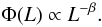 Mathematical equation: \begin{equation} \Phi(L) \propto {L}^{-\beta}. \end{equation}