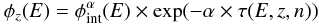 Mathematical equation: \begin{equation} \label{Eq:SpecMod} \phi_z(E)=\phi^\alpha_{\rm int}(E)\times\exp(-\alpha\times\tau(E,z,n)) \end{equation}