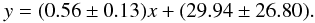 Mathematical equation: \begin{equation} y = (0.56 \pm 0.13) x + (29.94 \pm 26.80) . \end{equation}