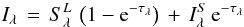 Mathematical equation: \begin{displaymath} I_\lambda\,=\,S_\lambda^L\,\left(1-{\rm e}^{-\tau_\lambda}\right)\,+\,I_\lambda^S\,{\rm e}^{-\tau_\lambda} \end{displaymath}