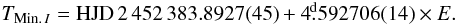 Mathematical equation: \begin{equation} T_{{\rm Min.}\,I}= {\rm HJD}\,2\,452\,383.8927(45) + 4\fd592706(14)\times E.\label{efe2} \end{equation}