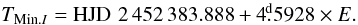 Mathematical equation: \begin{equation} T_{{\rm Min}.I}={\rm HJD}\,\,2\,452\,383.888 + 4\fd5928\times E.\label{efe1} \end{equation}