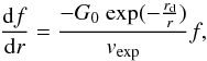 Mathematical equation: \begin{equation} \frac{\mathrm{d} f}{\mathrm{d} r} = \frac{-G_{0} ~ \mathrm{exp}(-\frac{r_{\mathrm{d}}}{r}) }{v_{\mathrm{exp}}}f, \label{photo} \end{equation}
