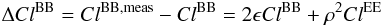 Mathematical equation: \begin{equation} \Delta Cl^{\rm BB}=Cl^{{\rm BB}, {\rm meas}}-Cl^{\rm BB}=2\epsilon Cl^{\rm BB}+\rho^2 Cl^{\rm EE} \label{eq:eq49} \end{equation}