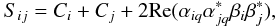 Mathematical equation: \appendix \setcounter{section}{1} \begin{equation} S_{ij}=C_i+C_j+2{\rm Re}(\alpha_{iq}\alpha_{jq}^*\beta_{i}\beta_{j}^*), \end{equation}