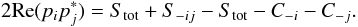 Mathematical equation: \appendix \setcounter{section}{1} \begin{equation} 2{\rm Re}(p_ip_j^*)=S_{\rm tot}+S_{-ij}-S_{\rm tot}-C_{-i}-C_{-j}. \end{equation}