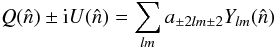 Mathematical equation: \appendix \setcounter{section}{2} \begin{equation} Q(\hat{n})\pm {\rm i}U(\hat{n})=\sum_{lm}a_{\pm 2lm \pm 2}Y_{lm}(\hat{n}) \end{equation}