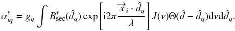 Mathematical equation: \begin{equation} \alpha_{iq}^{y}=g_q \int B^y_{\rm sec}(\hat{d}_q)\exp \left[ {\rm i} 2\pi\frac{\overrightarrow{x}_i\cdot \hat{d}_q}{\lambda} \right ]J(\nu)\Theta(\hat{d}-\hat{d}_q){\rm d}\nu {\rm d}\hat{d}_q . \end{equation}