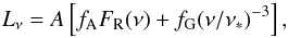 Mathematical equation: \begin{equation} L_\nu=A\left[f_{\rm A}F_{\rm R}(\nu)+f_{\rm G}(\nu/\nu_*)^{-3}\right], \end{equation}