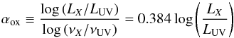 Mathematical equation: \begin{equation} \alpha_{\rm ox}\equiv{\log\,(L_X/L_{\rm UV})\over\log\,(\nu_X/\nu_{\rm UV})}=0.384 \log\left({L_X\over L_{\rm UV}}\right) \end{equation}