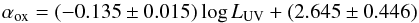 Mathematical equation: \begin{equation} \alpha_{\rm ox}=(-0.135\pm0.015)\log L_{\rm UV}+(2.645\pm0.446) \end{equation}