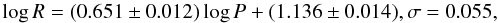Mathematical equation: \begin{equation} \log R = (0.651 \pm 0.012) \log P + (1.136 \pm 0.014), \sigma= 0.055, \label{Eq-PRall} \end{equation}