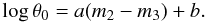 Mathematical equation: \begin{equation} \log \theta_0 = a (m_2 - m_3) + b. \label{EQ-SB} \end{equation}