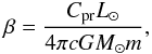 Mathematical equation: \begin{equation} \beta = \frac{C_{\rm pr} L_\odot}{4 \pi c G M_\odot m},\label{eq:beta} \end{equation}